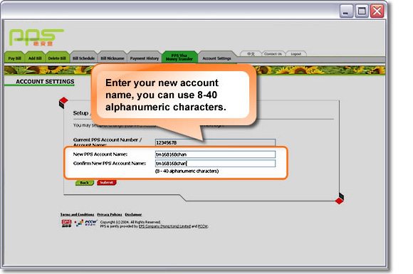 Enter your new account name, you can use 8-40 alphanumeric characters.