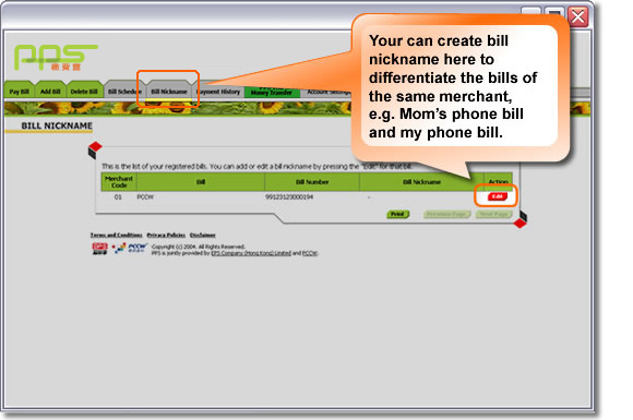 You can create bill nickname here to differentiate the bills of the same merchant, e.g. Mon's phone bill and my phone bill.