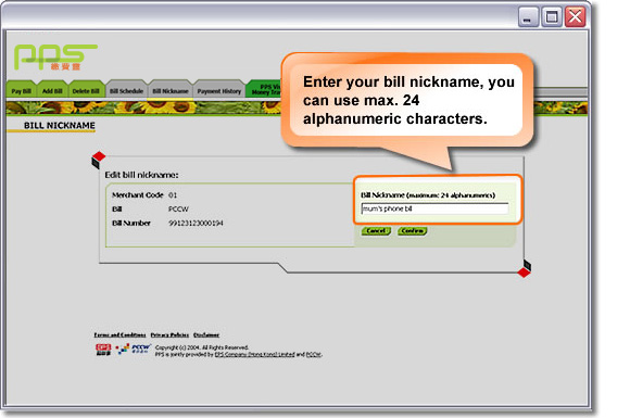 Enter your bill nickname, you can use max. 24 alphanumeric characters.