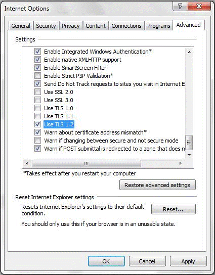 Verify your TLS Setting (for Internet Explorer)